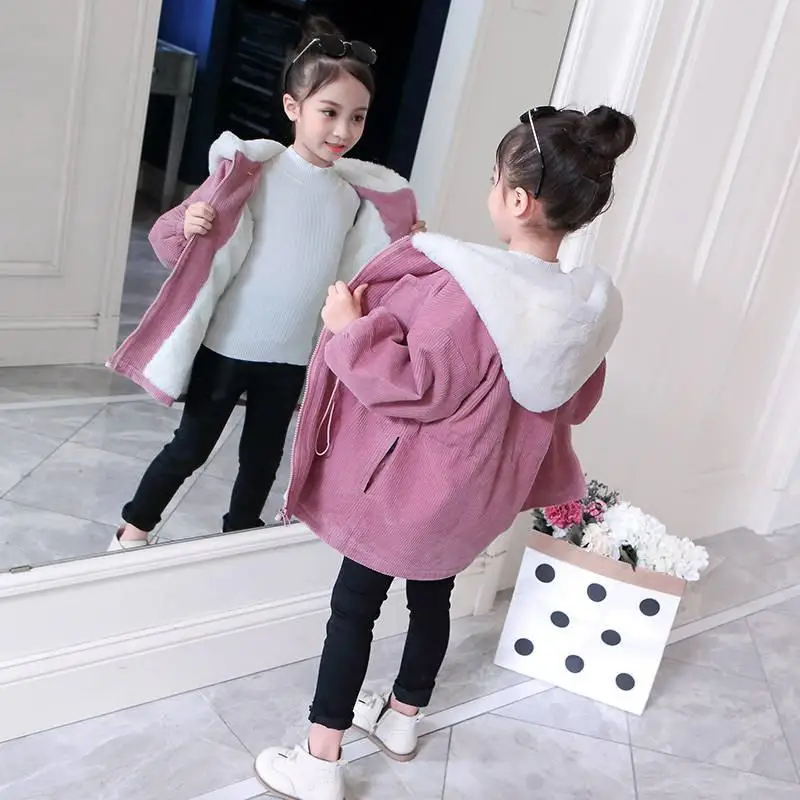 2020 New Fashion Winter Children Girls Hooded Jacket Clothing Kids Girls Cotton Thick Warm Coats Baby Corduroy Outerwear W222