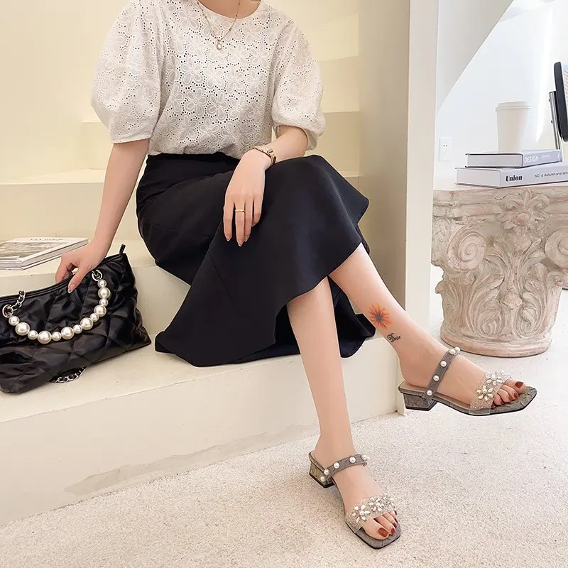 

Shoes Slippers Casual Glitter Slides Square heel Slipers Women Flower Med Luxury Jelly Block 2021 Summer Floral PU Fabric Rubber