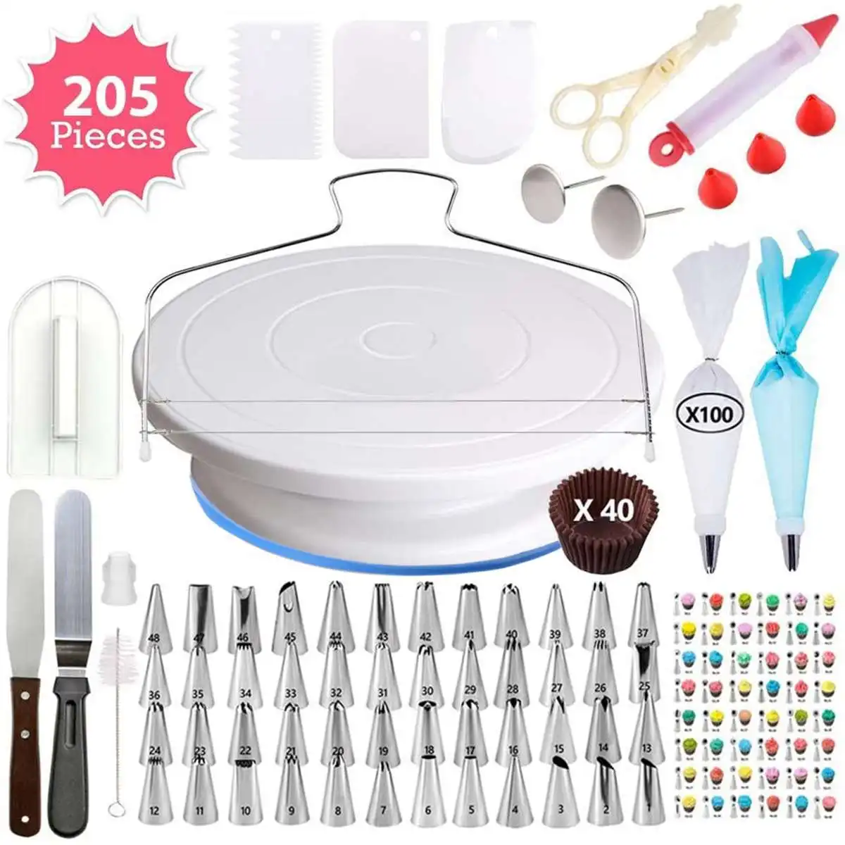 

205pcs/set Cake Turntable Set Multifunction Cake Decorating Kit Pastry Tube Fondant Tool Party Kitchen Dessert Baking Supplies