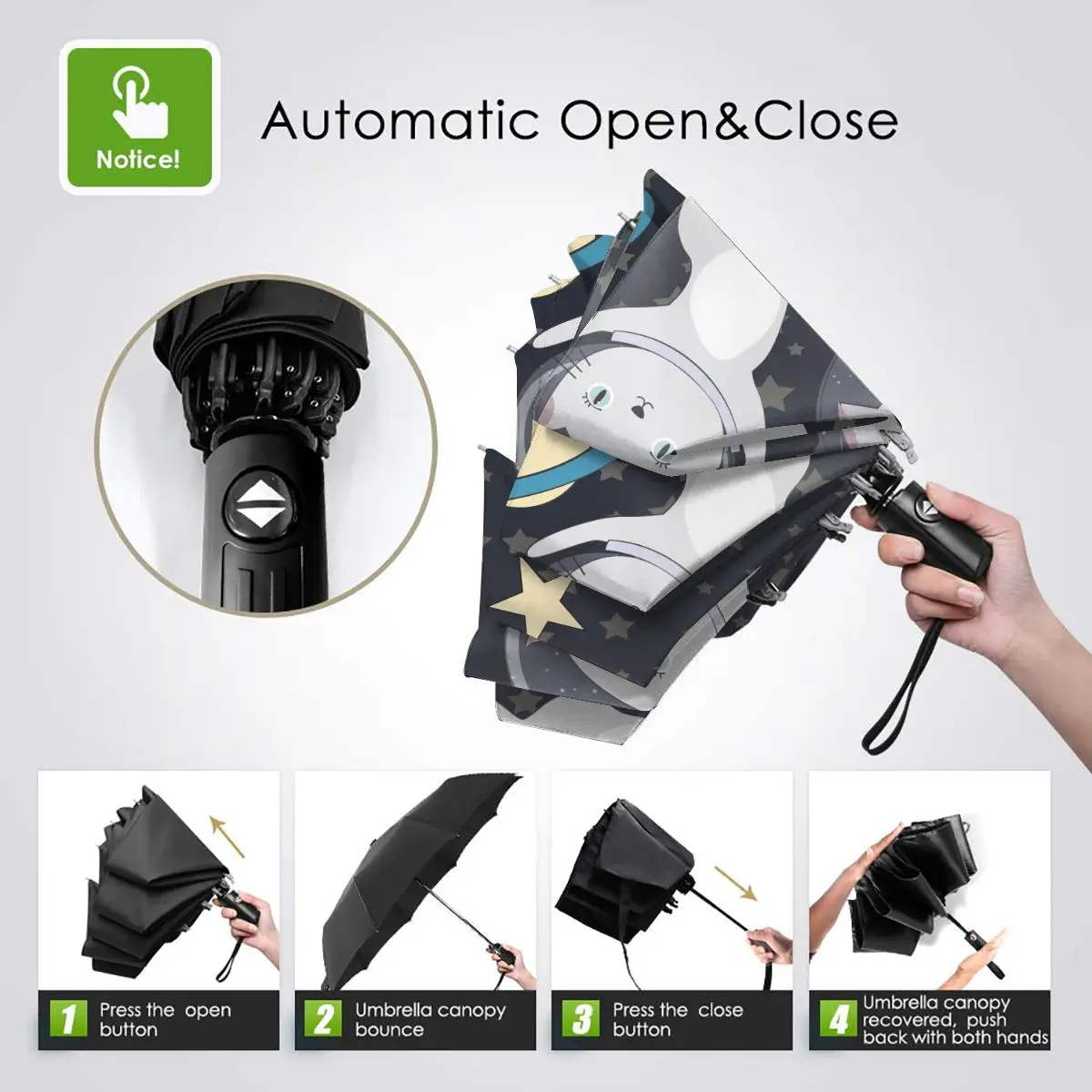 Зонт складной автоматический с мультяшным котом и астронавтом - купить по