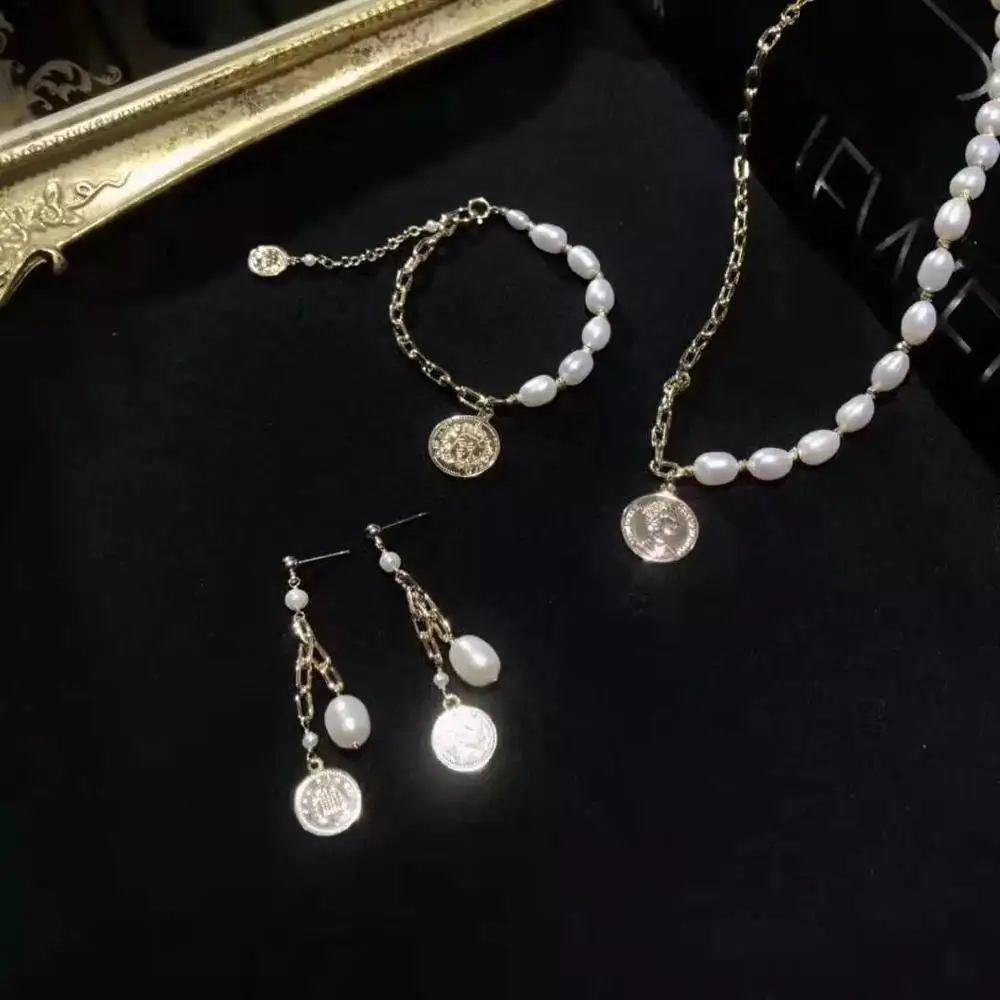 Золотые серьги в виде монет, ожерелья, Набор браслетов с жемчугом, серьги-капельки с натуральным пресноводным жемчугом, оригинальный дизайн...