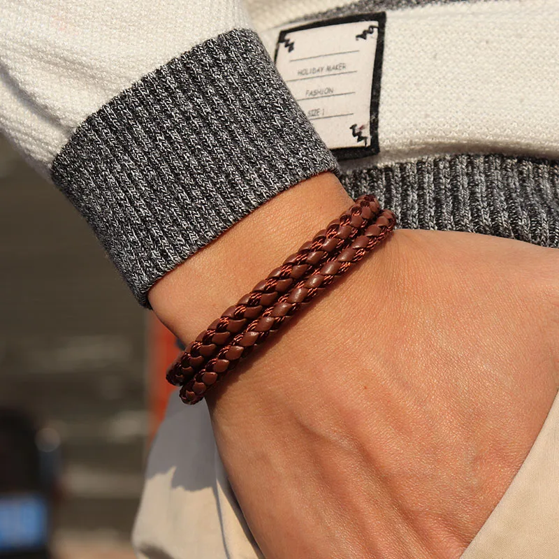 Мужской кожаный браслет новый модный плетеный из нержавеющей стали в стиле хип