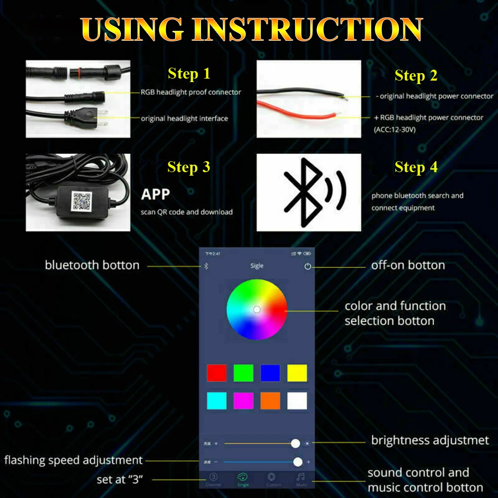 

H7 Car LED RGB Headlight Kit APP Bluetooth Control Fog Lights Bulbs Lamp Module