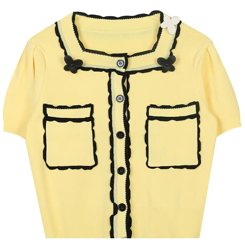 

summer new women's cardigan square neck short sleeve color contrast flower stitching loose thin knitting top in stock