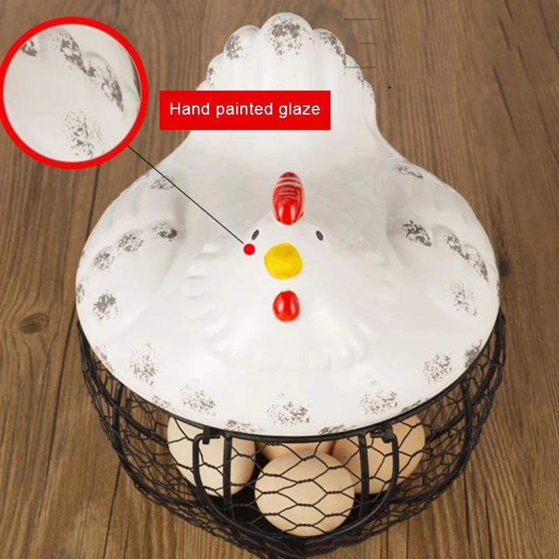

Metal Wire Basket with Ceramic Hens Cover Fruit Basket Egg Holder Decorative Kitchen Storage Baskets for Household Items TRYC889