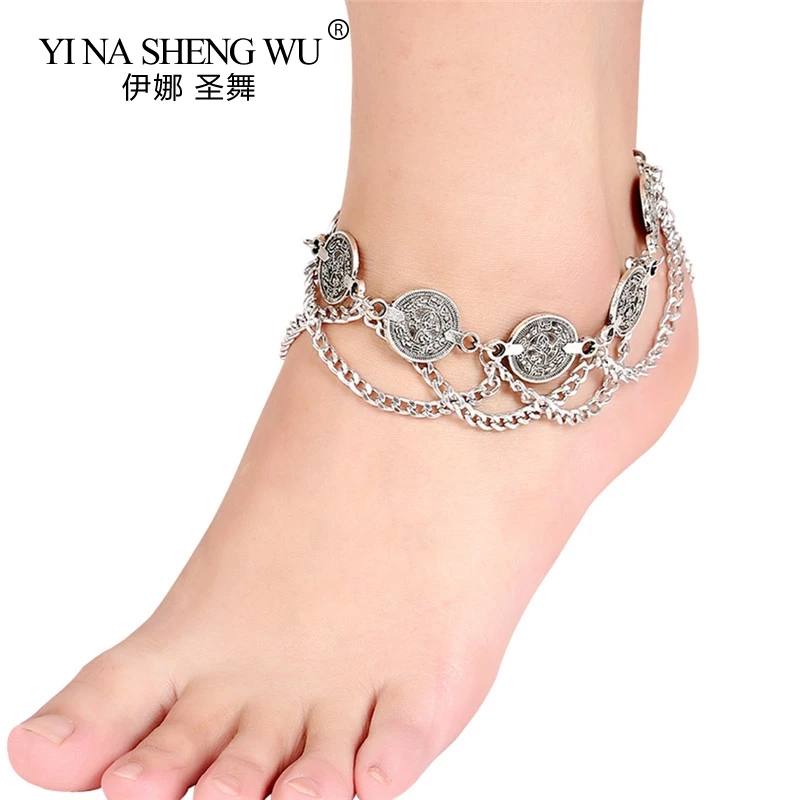 

Vintage Tibet Silver Color Big Statement Coins Wave Chain Tassel 1PC Anklets for Women Tribal Belly Dance Jewelry Barefoot Gift