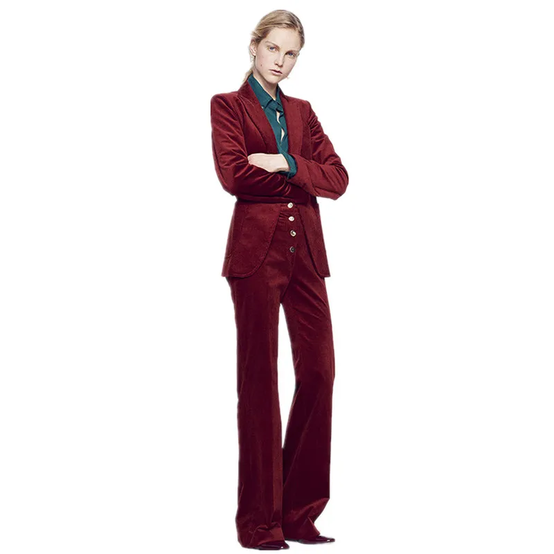 

Wine Red Women Casual Office Business Suits Velvet Formal Work Wear 2 Piece Sets Office Uniform Styles Elegant Pant Suits Custom