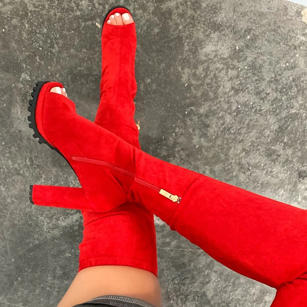 Женские сапоги выше колена на молнии Красные эластичные с открытым носком модная