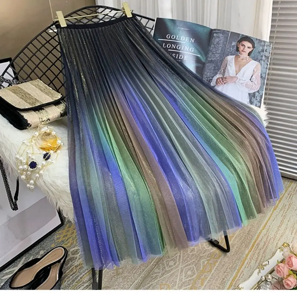 Женская плиссированная юбка-трапеция элегантная Радужная сетчатая юбка с