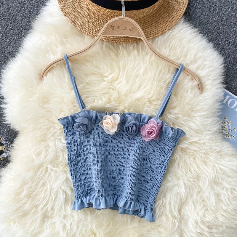 

Summer Women's Sweet Three-dimensional Flowers Wrapped Chest Camisole Slim All-match Short Coat Women on Vacation DK556