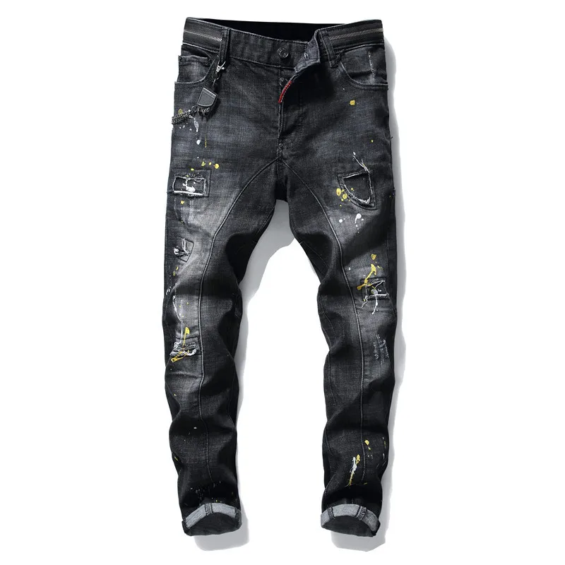 

New men's male trousers Personalized iron chain beggar patch hole stitching rivet splash ink paint stretch jeans denim pants