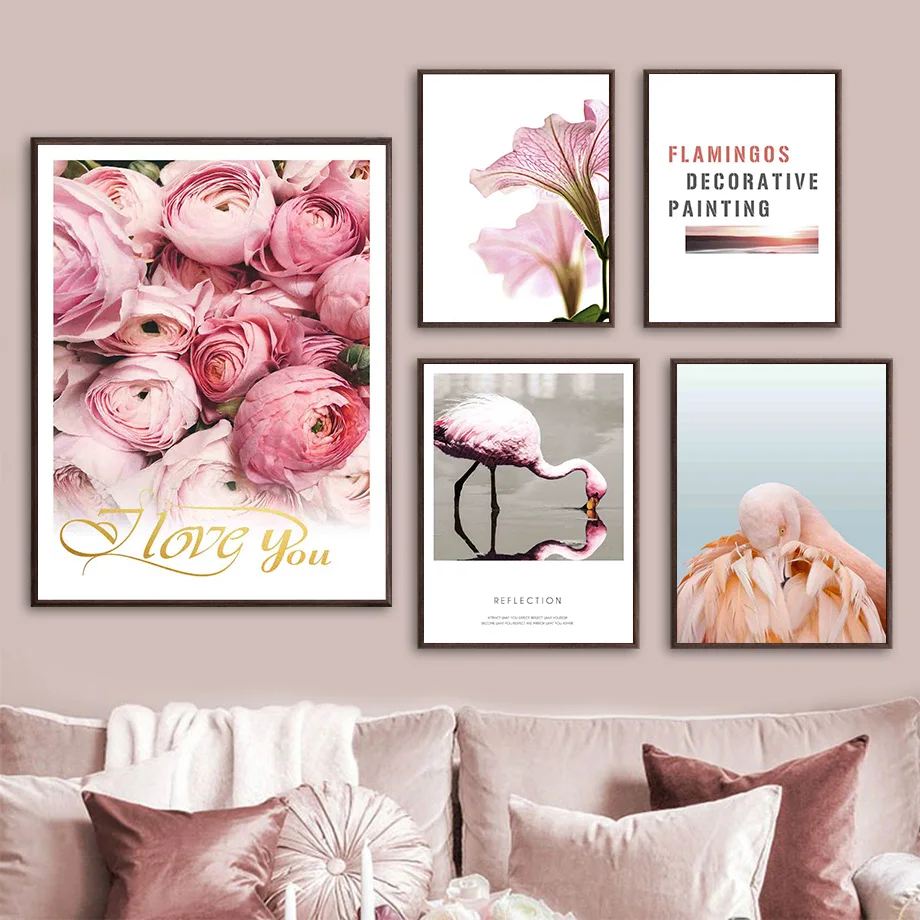

Rose Flamingo Morning Glory Flower Quote Wall Art Canvas Painting Nordic Posters And Prints Wall Pictures For Living Room Decor