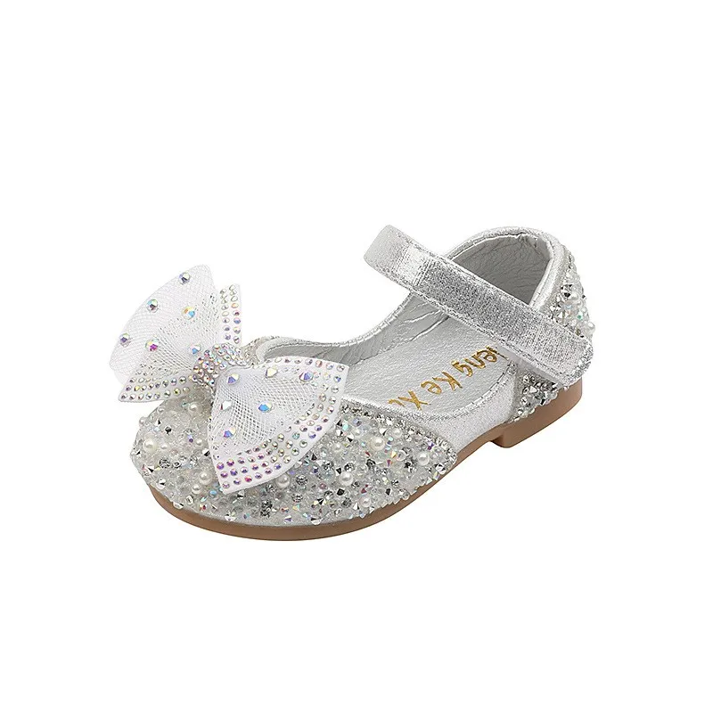 Little Girls Rhinestone Leather Shoes 2022 Spring Sweet Girl Princess Shoes Children's Pearl Bow Soft Bottom Dance Shoes