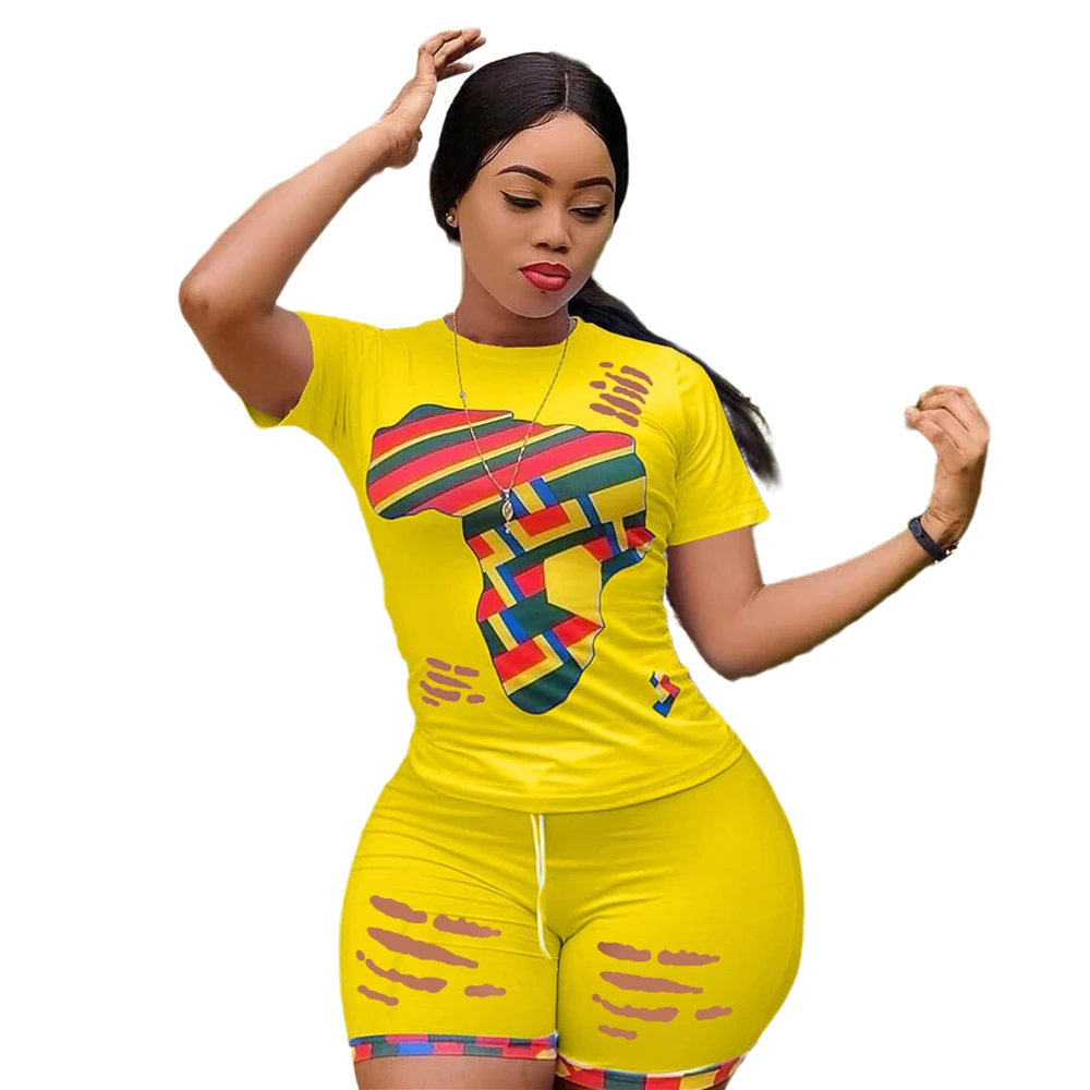 

Summer Print Women Two Piece Set Hollow Out Hole O-neck T-shirt Biker Shorts Pants Suit Sports Tracksuit Outfit Matching Sets