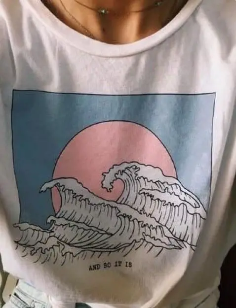 Белая футболка Tumblr 90s Is Ocean Wave милые летние топы Harajuku Японские футболки с графикой
