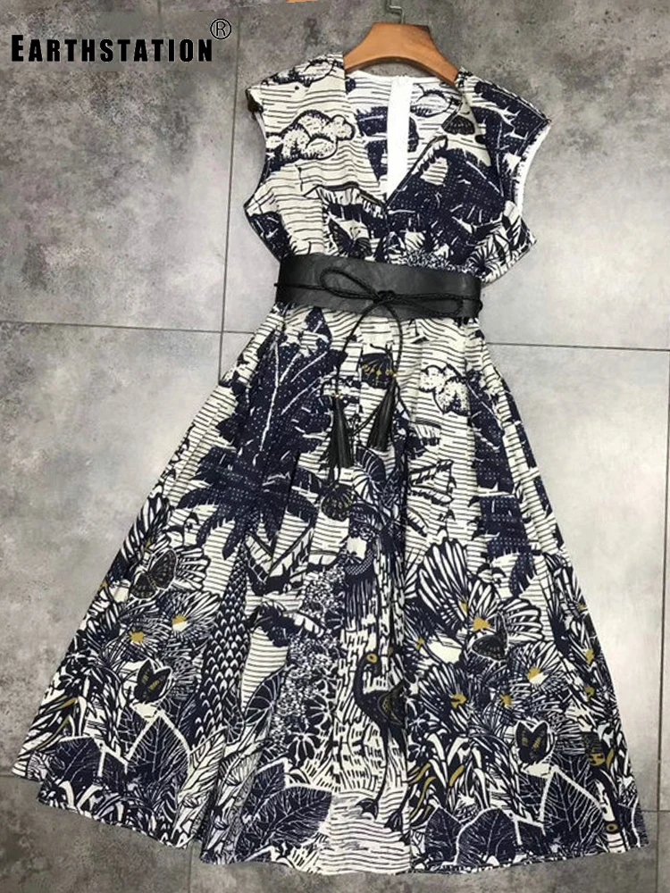 Женское летнее хлопковое платье с бандажным верхом принтом джунглей без рукавов