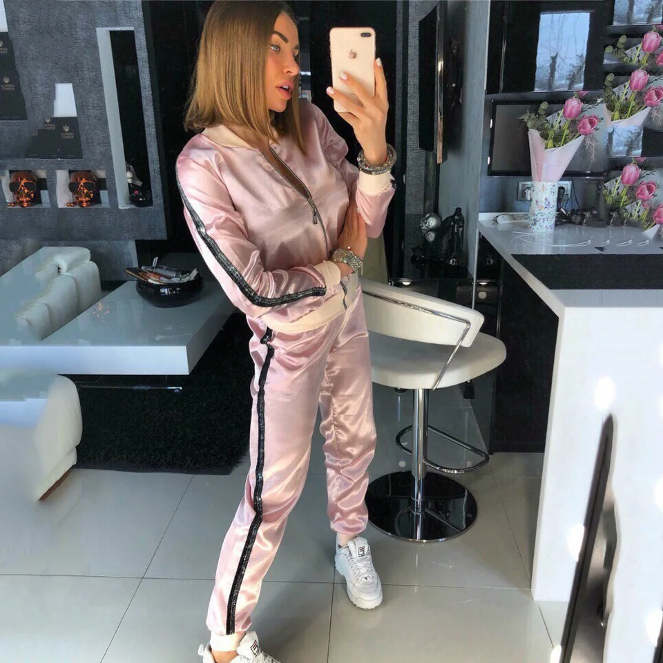 Модный женский спортивный костюм из 2 предметов шелковая куртка и длинные штаны