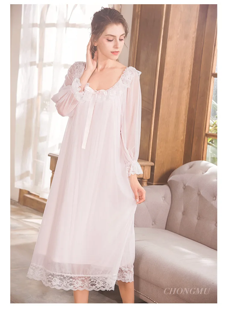 Элегантный белый розовый Sleepdress осеннее кружевное платье, одежда для сна, Фонари с галстуком-бабочкой, одежда для сна с длинными рукавами, ночная рубашка из хлопка, пижама, пеньюар