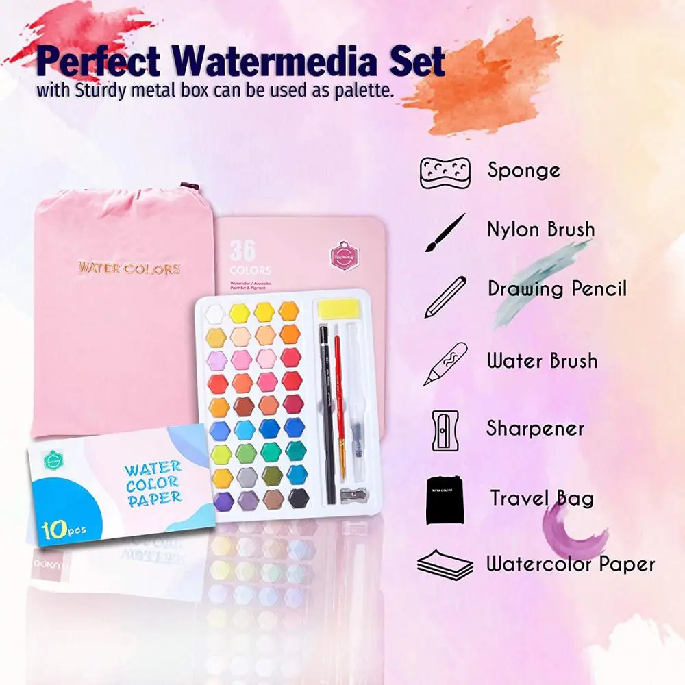 36 цветов сплошные акварельные краски в наборе с деревянной щёткой-столбиком