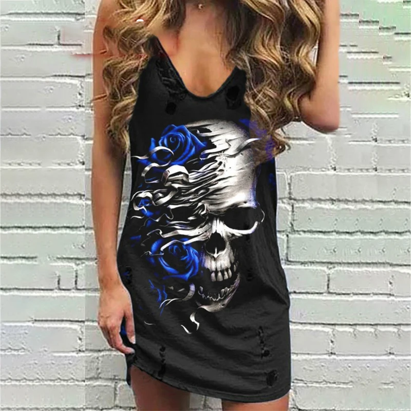 

New Skull Print Fashion Casual Sleeveless Mini Dress Hole V-neck Plus Size 5XL Women 2021 Summer Vest Punk Loose Y2k Dresses