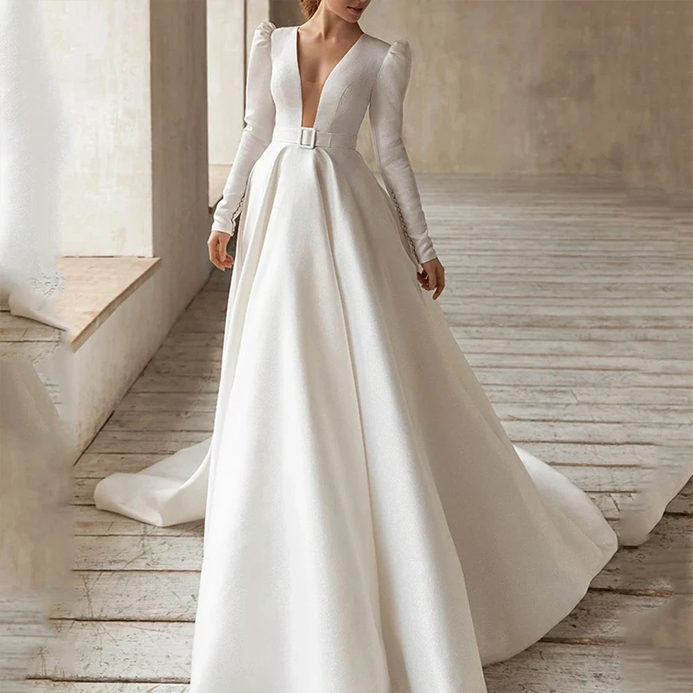 

A Line Deep V Neck Wedding Dresses 2021 Long Sleeve Chapel Train Satin High Fashion Elegant Vintage With Belt Ruched