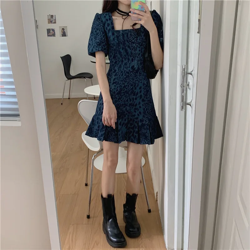

Vintage Puff Sleeve Leopard Dress Women Summer Sweet Short Sleeve Dress Square Neck Temperament Girl All Match Basic Streetwear