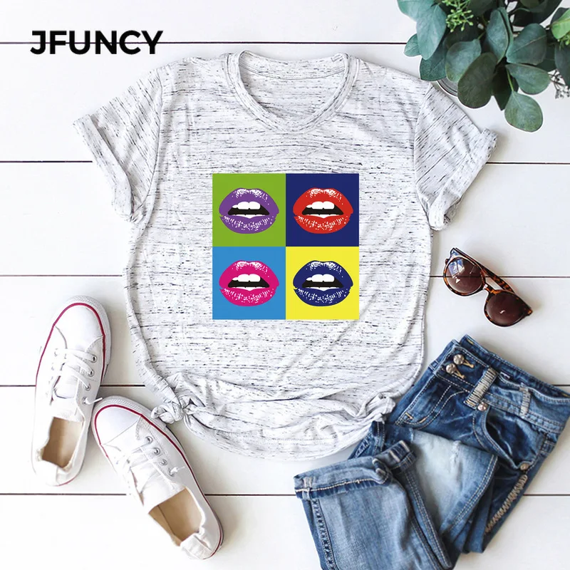 JFUNCY сексуальная летняя женская футболка с принтом губ коротким рукавом Harajuku