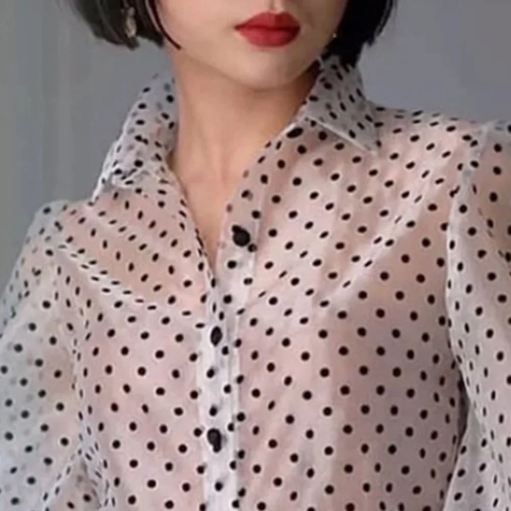 

Western Style Women's Blouse Spring Summer Fashion Temperament Loose Casual Chiffon Perspective Sexy Wave Point Lantern Sleeve