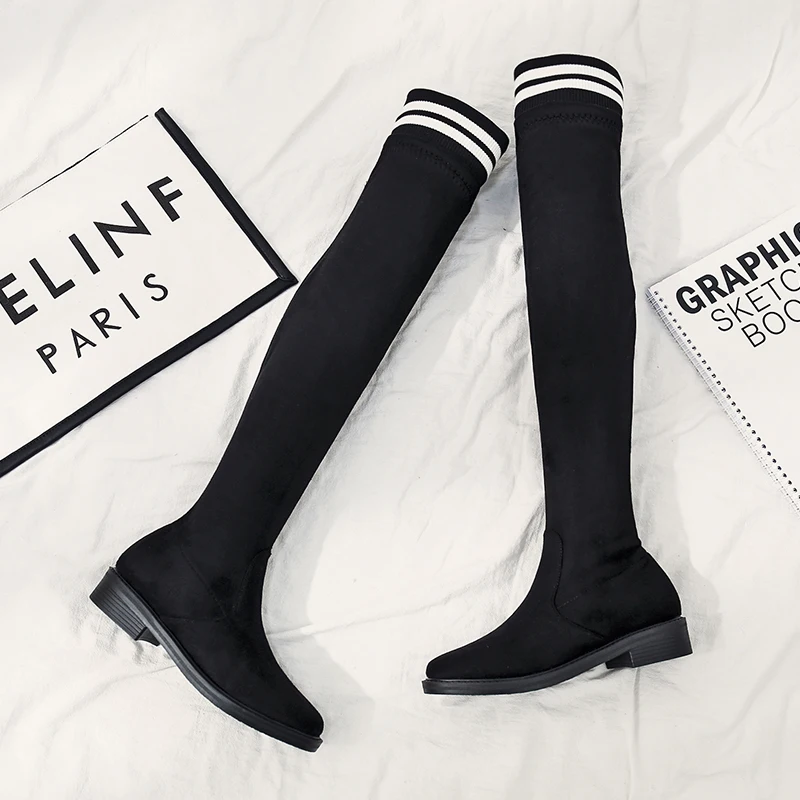 NIUFUNI женские тонкие сапоги выше колена с острым носком на плоской подошве высокие