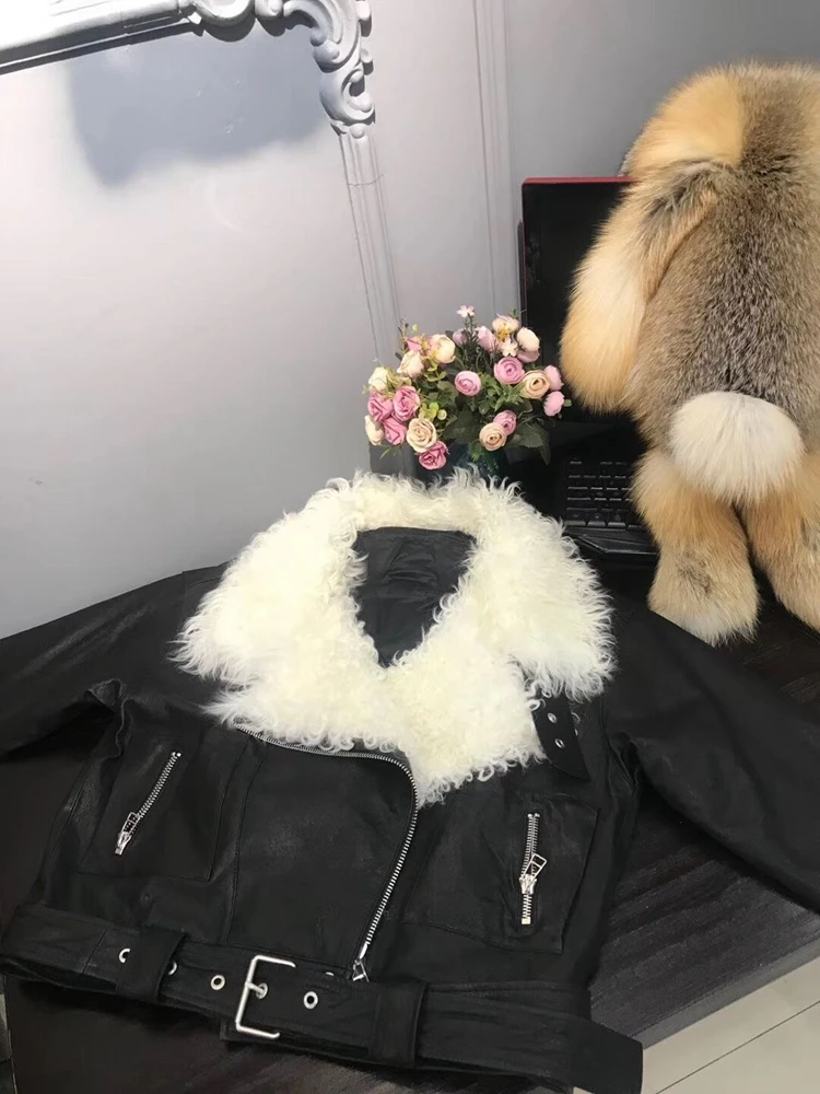Женские пуховики из натуральной овечьей кожи, модные ветровки из овечьей кожи, женские куртки с меховым воротником
