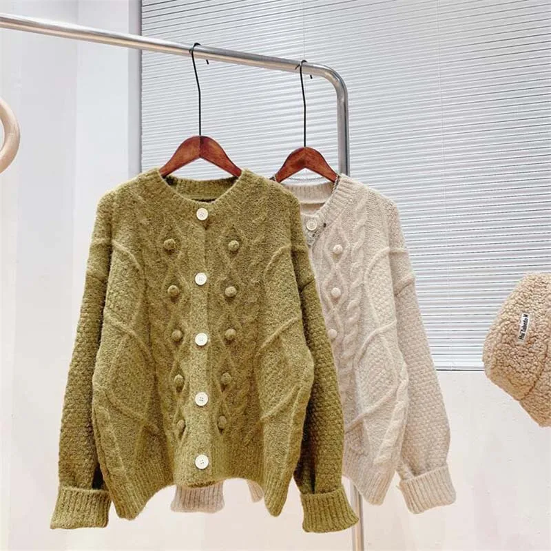 

DAYIFUN Knitted Cardigans Sweater Fashion Autumn Long Sleeve Loose Coat Harajuku Solid Color Twist O Neck Japanese Style Jumper