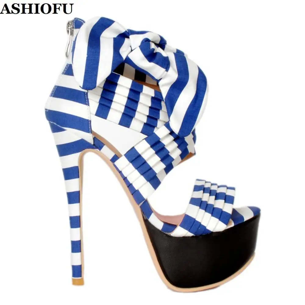 

ASHIOFU Handmade Classic Real Photos Women's High Heel Sandals Striped Party Summer Shoes Plus Size Evening Fashion Sandal Shoes