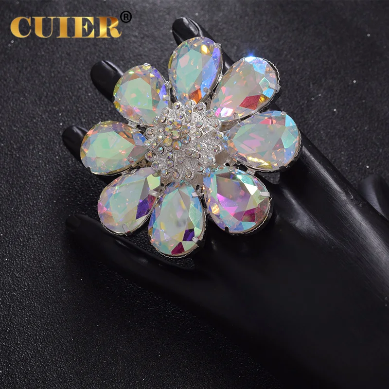 

CUIER 7.2cm Elegent Big size Crystal Rings for Wedding Jewelry Alloy Flower Silver Adjustable Women Ring