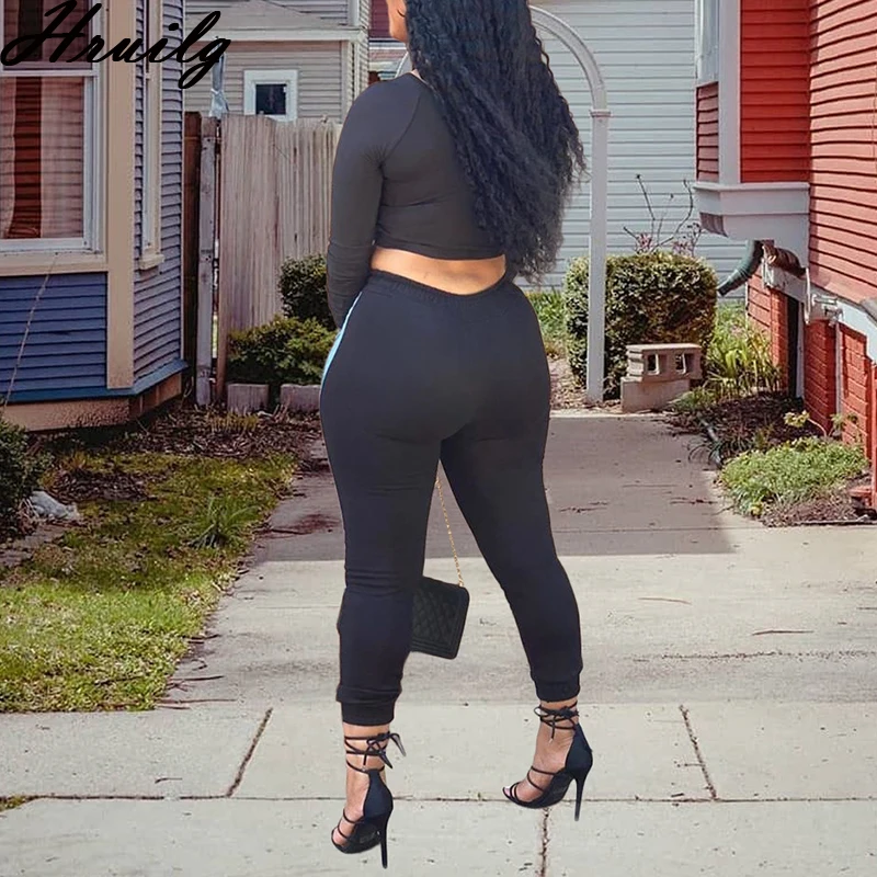 

Sexy Two Piece Set Women Autumn Lounge Wear Long Sleeve Drawstring Crop Tops Color Matching Patchwork Pencil Pants Sets Clubwear