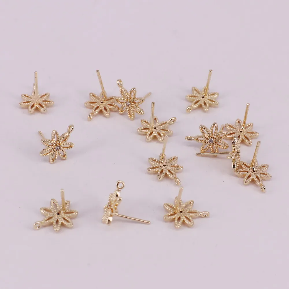 

brass chrysanthemum ear stud fittings with cz silver pin allergy free high quality 14K gold plated DIY jewelry accessory