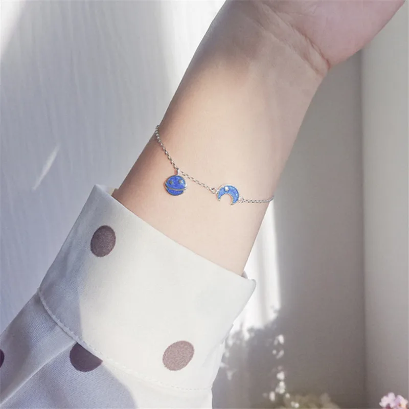 

Women Exquisite Real 925 Sterling Silver Charm Bracelets Cute Blue Moon Earth Planet Pendant For Women Girls Fashion Bracelets
