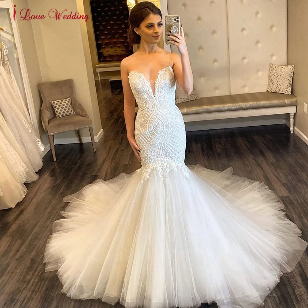 

2023 New Fashion Mermaid Appliques Wedding Dress Long Court Train Bridal Gown Lace Sleeveless Sweetheart Fishtail robe de mariee
