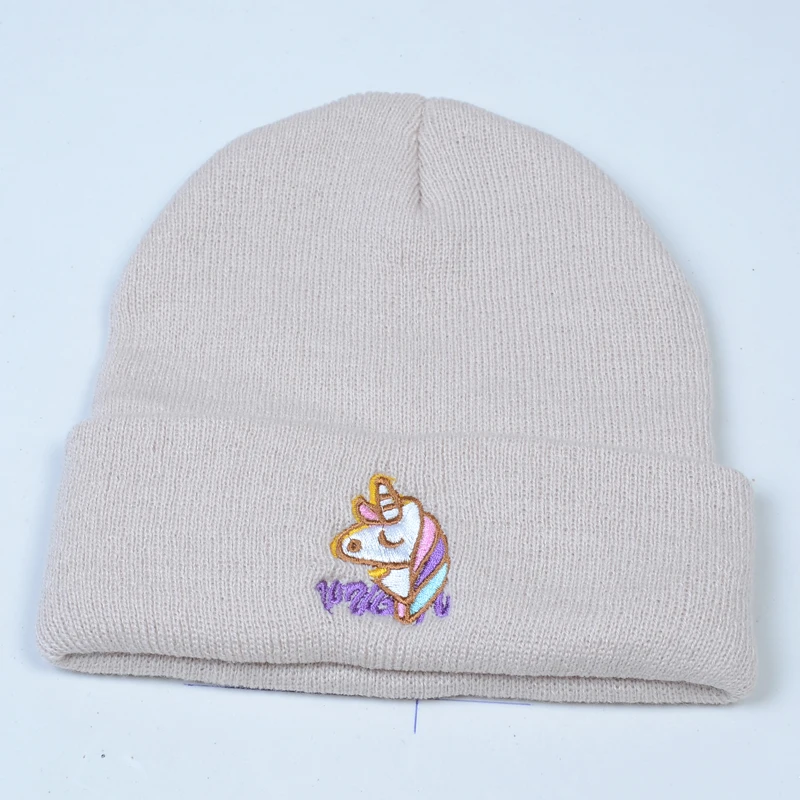 Осенняя Женская Вязаная Шапка-бини зимняя шапка в стиле унисекс с единорогом