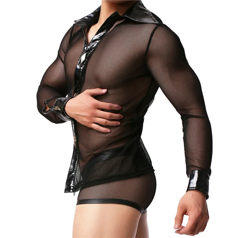 Мужской комплект одежды сексуальная прозрачная рубашка с длинным рукавом