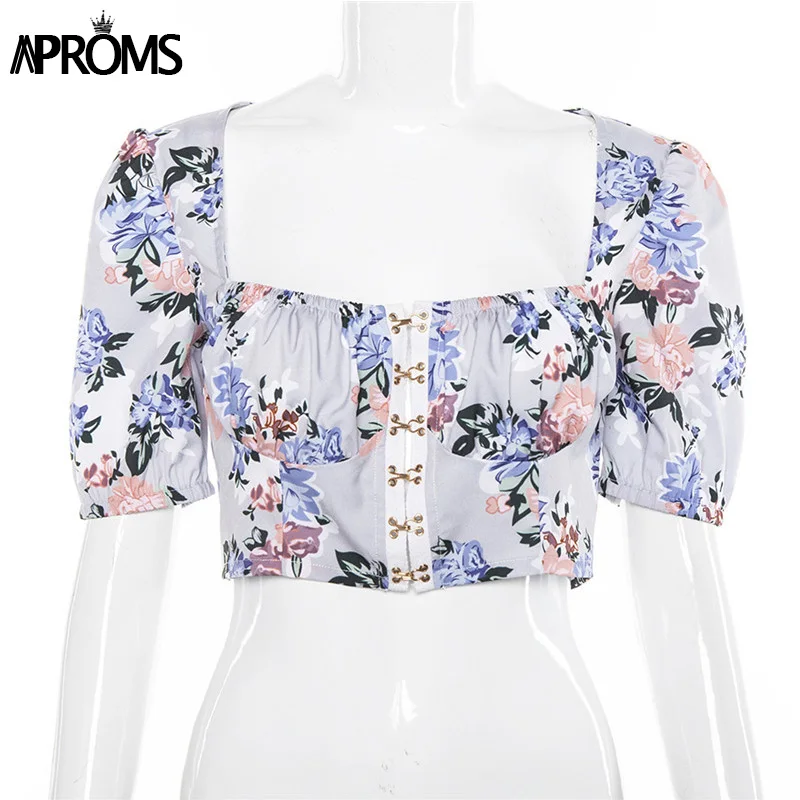 Aproms, Ретро стиль, квадратная горловина, сексуальные женские топы, летние, короткий топ, женская уличная одежда, синий, цветочный принт, пуговицы, Топики, тройники