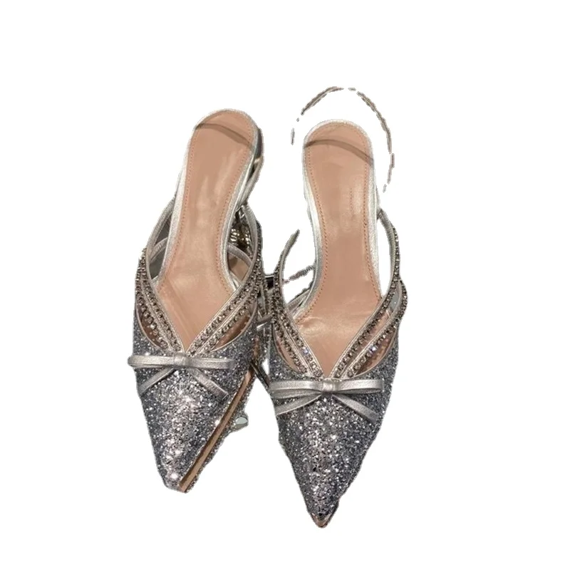 

Sequins Rhinestone Butterfly Wedding Shoes Silver High Heels Women's Stiletto Sexy Baotou Sandals Women's Summer