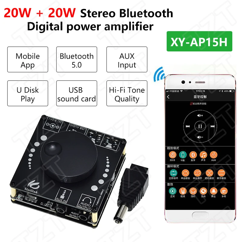 

Sinilink Bluetooth 5.0 10W/15W/20W Stereo Power Amplifier Board Mobile Control APP 12V/24V High Power Digital Amplifier Module