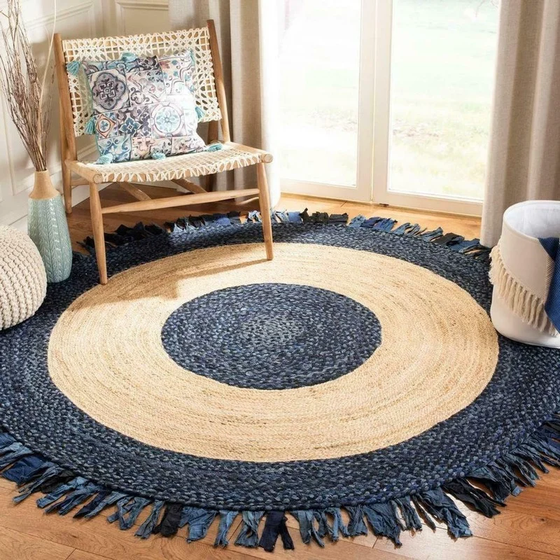 

100% Natural Jute and Cotton Household Hand-woven Bohemian Double-sided Circular Carpet Area Carpet