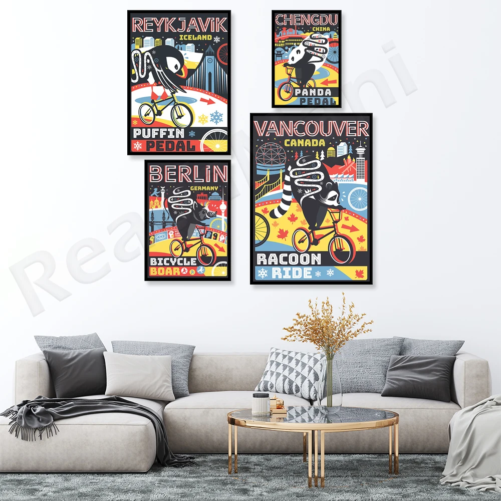 Плакат с велосипедом Берлин дикий кабан животное Чэнду панда катание постер