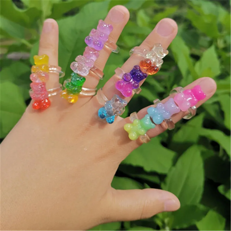Cute Transparent Bear Rings for Women Trendy Colorful Resin Finger Rings Wholesale Jewelry Girls Party Gifts