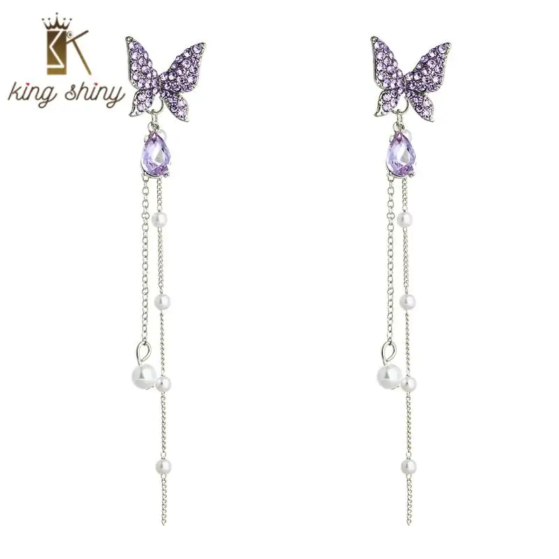 

Korean Romantic Purple Crystal Dangle Earrings for Woman Elegant Butterfly Shape Shining Rhinestone Long Tassel Earrings Brincos