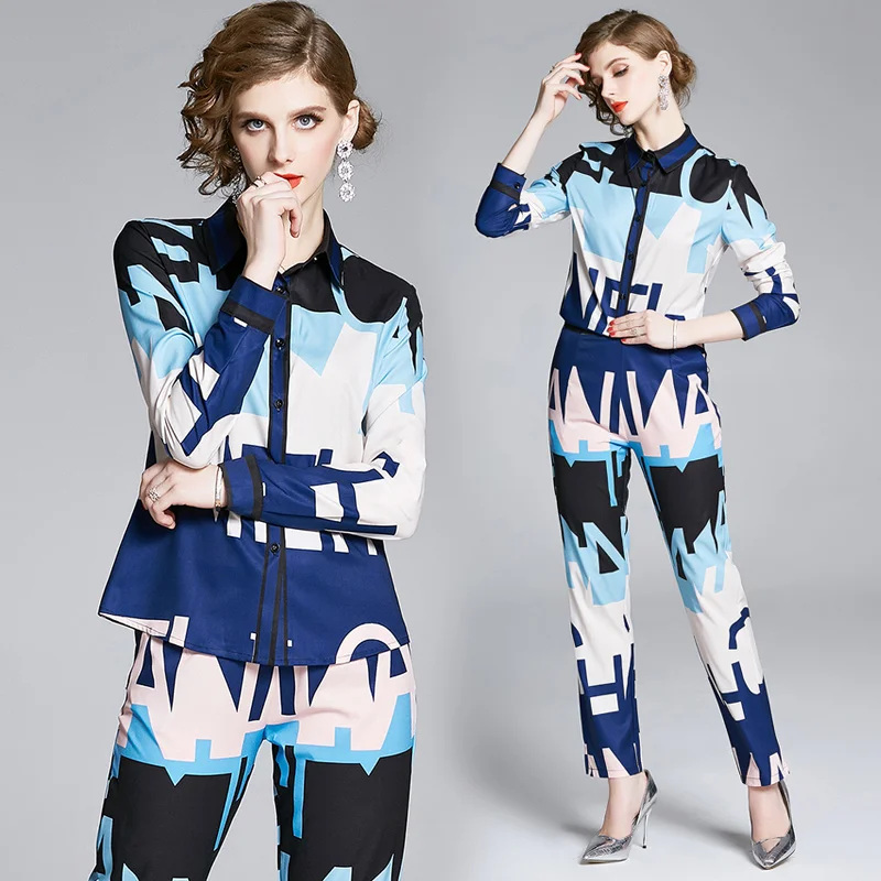 

England Style Design Print 2021 New Fashionable All-match Shirt Blouse Top + High Waist Long Pants Two Piece Set Matching Sets