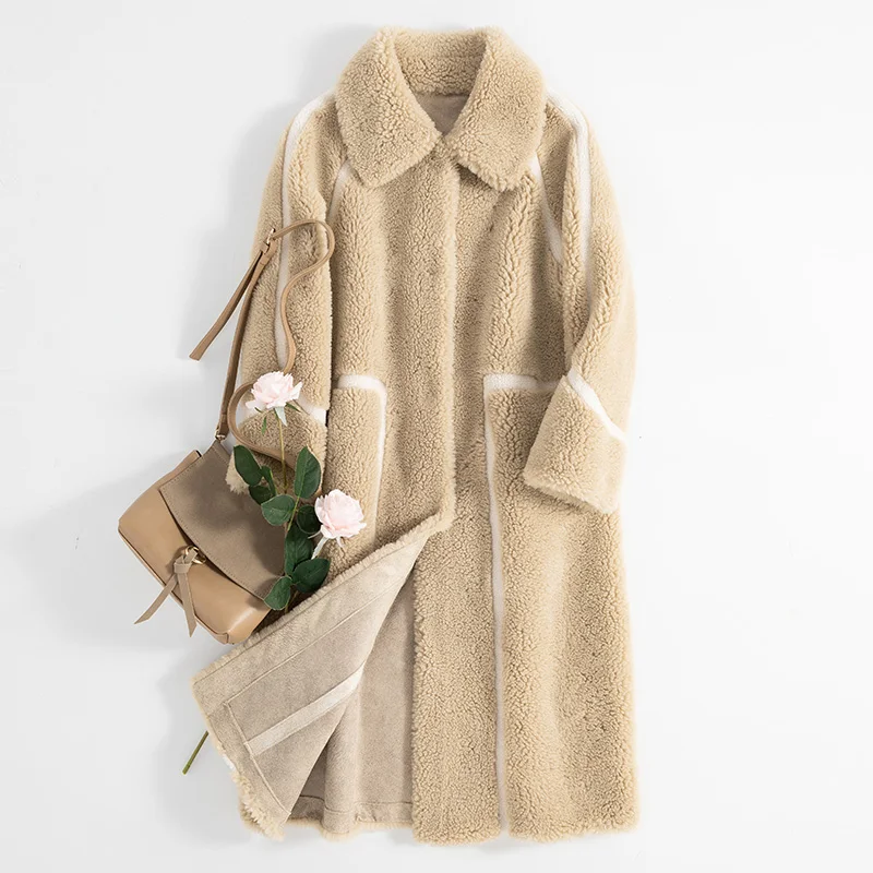 beige Пальто из натурального меха корейское винтажное осенне-зимнее пальто женская одежда овечья шерсть куртка Женские топы замшевая подкладка ZT3751 - Цвет: beige