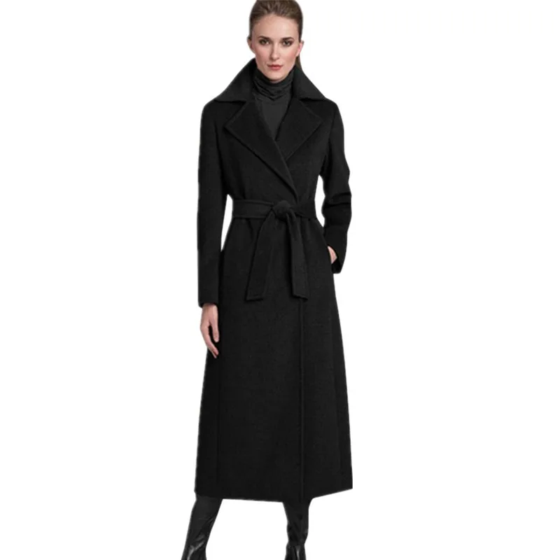 Women'S Cashmere Coat Black Classic Belt Lapel Wool Long Winter Wrap Coat Parka Trench Outwear Tops Manteau Femme Ladies Coats