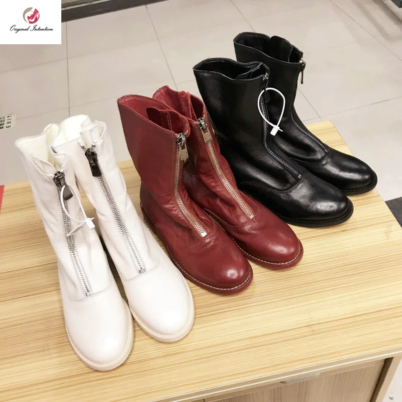 

Original Intention Stylish Zipper Sexy Ankle Boots Women Round Toe Square Mid Heels Black White Wine Red Popular Shoes Woman